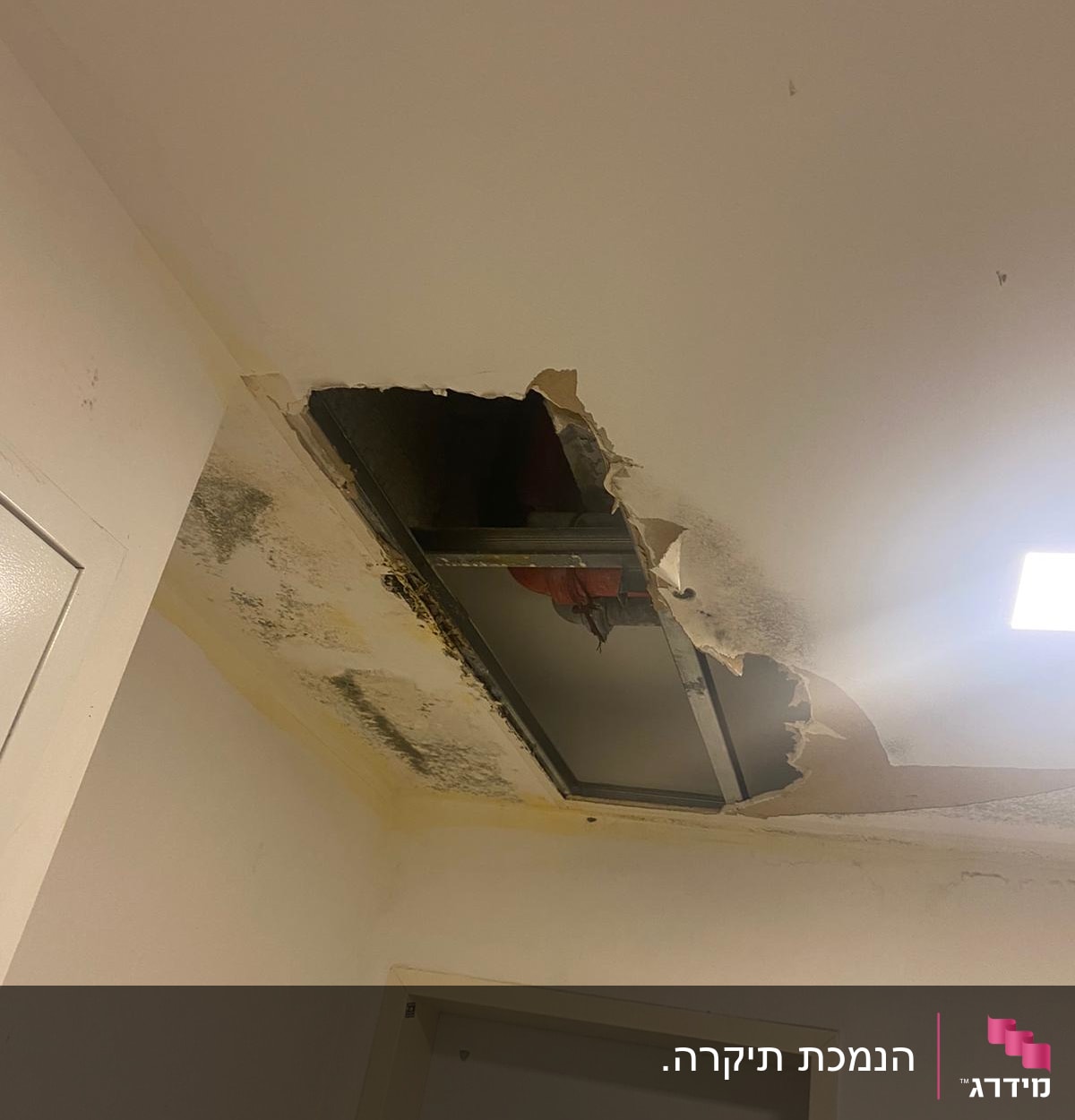 תקרת גבס עם חור ונזקי רטיבות ועובש
